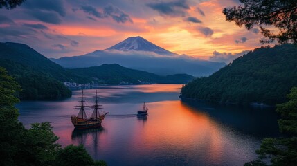 A spectacular sunset view of Lake Ashi in Hakone, with Mount Fuji in the background and a pirate ship sailing on the lake.