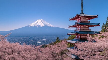 A stunning view of the Chureito Pagoda in Yamanashi, with Mount Fuji towering in the background during cherry blossom season.