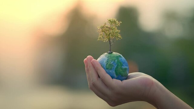 World environment day, B roll - hands of woman holding globe with tree on green tree bokeh background, ecology concept, earth day, Better Environment.
