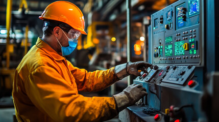 Worker operating machinery in a steel mill during a bright, fiery evening while wearing safety gear and equipment