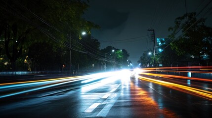 A long exposure shot of a city street at night with blurred car lights creating streaks of light.