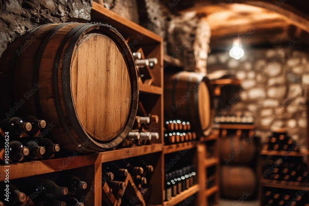 Wall mural a rustic wine cellar showcasing wooden barrels alongside shelves filled with exquisite wine bottles 