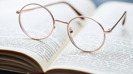 A close-up of rose gold eyeglasses with round frames, placed on an open book, creating a sophisticated vibe