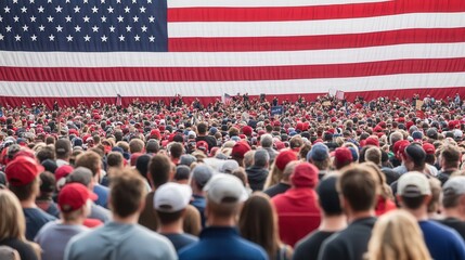 Supporters dressed in red and blue unite at an outdoor rally in front of an enormous American flag, showing their enthusiasm and patriotism. Generative AI