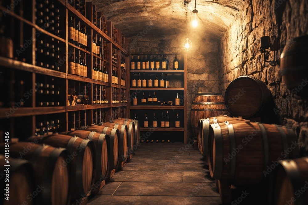 Poster Exploring a rustic wine cellar filled with wooden barrels and shelves stocked with fine wine bottles in a stone setting. Generative AI