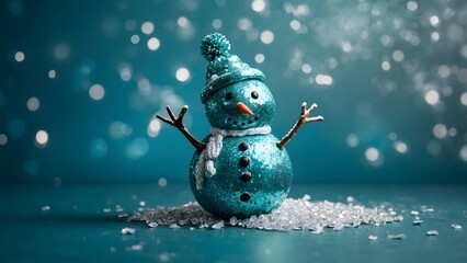 Obraz premium A Sparkling Turquoise Snowman Stands Cheerfully on a Glittery Surface During the Winter Holiday Season