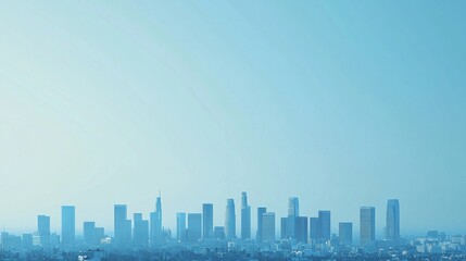 Fototapeta premium Blue solid color background with skyscrapers, Los Angeles landscape, architectural lines along the bottom edge, minimalism,simple design style, simple white lines, flat and minimalist style, Canon EF 