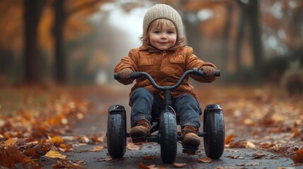 Toddler Riding a Tricycle in an Autumnal Forest