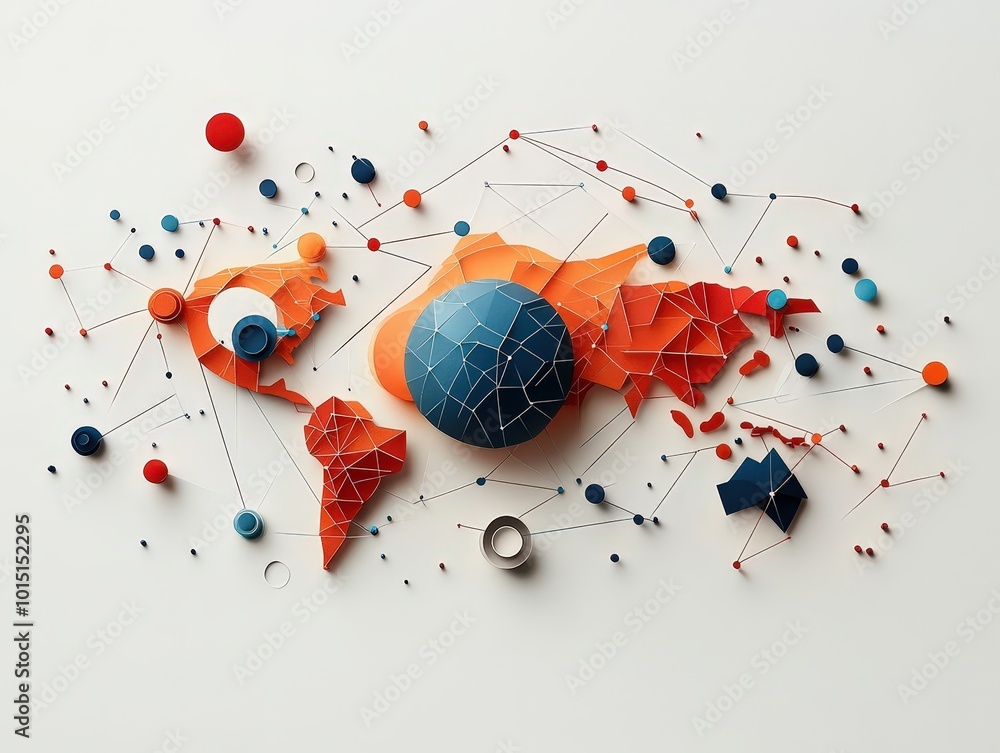 Poster global network connectivity: abstract world map crafted from vibrant geometric shapes and interconne