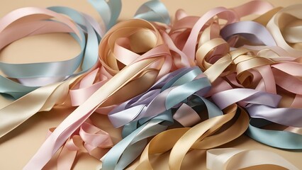 Brightly Colored Ribbons in a Messy Arrangement on a Beige Background for Creative Crafting Projects
