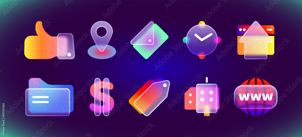 Poster realistic modern ui icons in glassmorphism style. 3d frosted social media icon set of map location, 