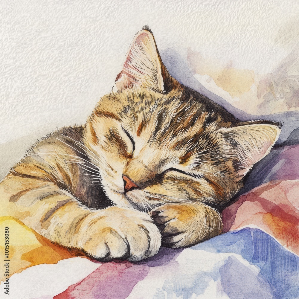 Poster a peaceful sleeping cat rests comfortably on a soft bedspread with a colorful design during a quiet 