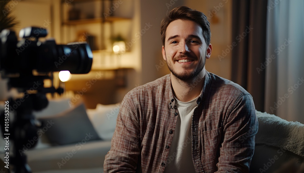 Poster smiling man recording a video in a home setting