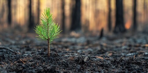 New Pine Sprout Emerging in Burned Forest. AI generated illustration