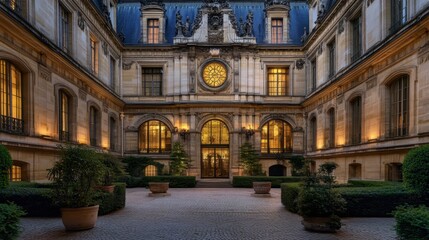 Obraz premium The beautiful courtyard of the Htel de Ville, Pariss city hall, with its elegant architecture lit up at night.