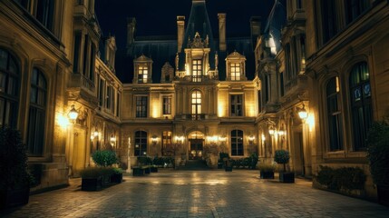 Obraz premium The beautiful courtyard of the Htel de Ville, Pariss city hall, with its elegant architecture lit up at night.