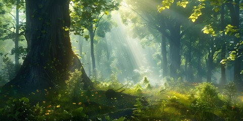 Fototapeta premium A wallpaper featuring lush green forests with tall trees and sunlight 