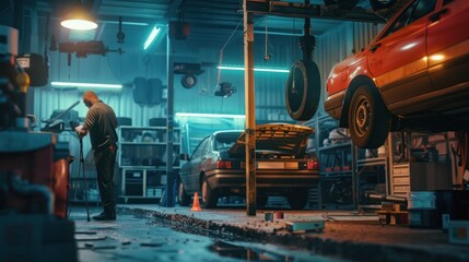 Mechanic Working on a Red Car in a Garage
