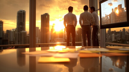 Three professionals engage in a dynamic brainstorming session in a stylish office, overlooking a stunning urban sunset. Perfect for showcasing teamwork and creativity.