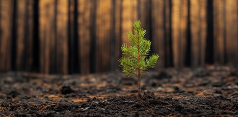 New Pine Sprout Emerging in Burned Forest. AI generated illustration