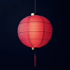 Obraz premium Red Chinese Lantern: A single, vibrant red Chinese lantern, meticulously crafted with intricate details, hangs against a dark background, radiating warmth and tradition.