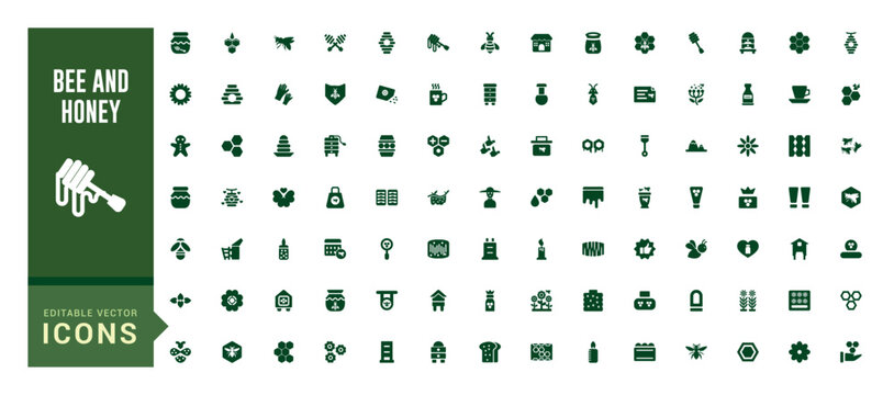 Bee and Honey solid icons set, Filled icon collection for web and ui, Flat symbol sets, Bee, beehive, honey comb, honey, hive, jar, spoons, flower and more, Editable and pixel perfect sign.