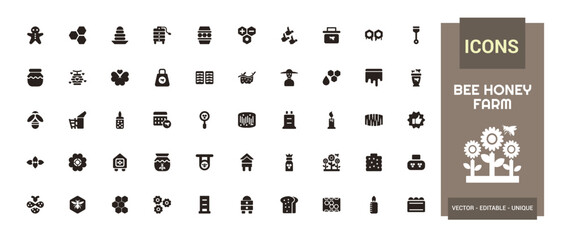 Bee and Honey solid icons set, Filled icon collection for web and ui, Flat symbol sets, Bee, beehive, honey comb, honey, hive, jar, spoons, flower and more, Editable and pixel perfect sign.