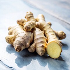 Ginger root on a wooden table.