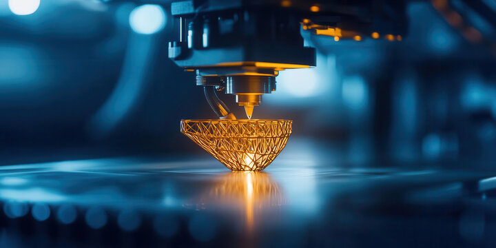 A 3D printer creating a complex part layer by layer, symbolizing additive manufacturing, 3D printing production, technology manufacturing