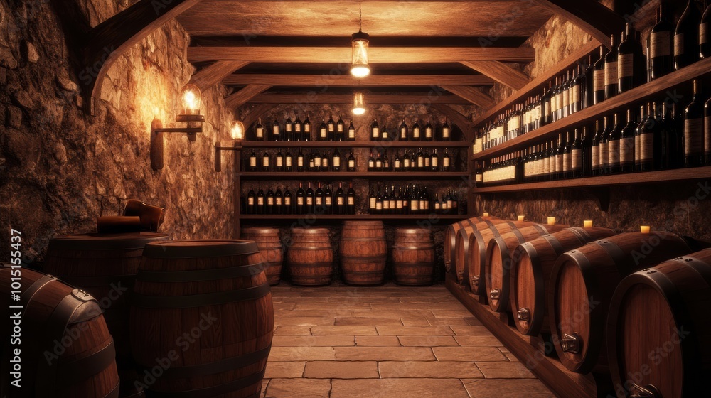 Poster discover a rustic wine cellar with wooden barrels and neatly arranged wine bottles in a cozy, dimly 