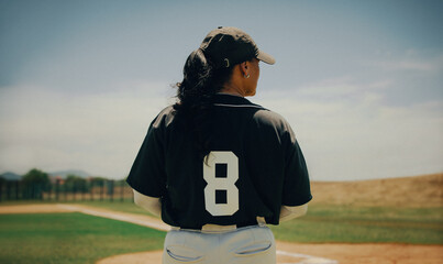 Female baseball player in uniform standing on the field wearing a number eight jersey