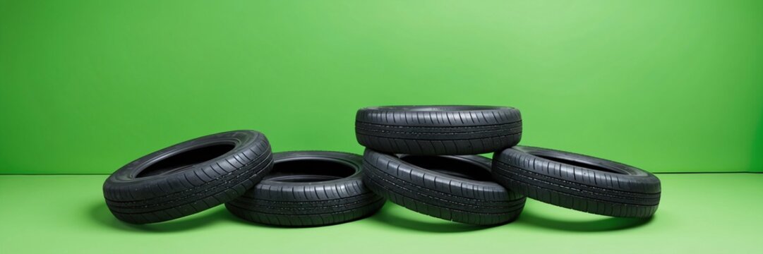 Stacked Rubber Tires on a Bright Green Background