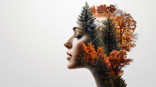 This artistic double exposure captures the serene connection between women and nature, blending autumn landscapes with elegant profiles to evoke tranquility and creativity.