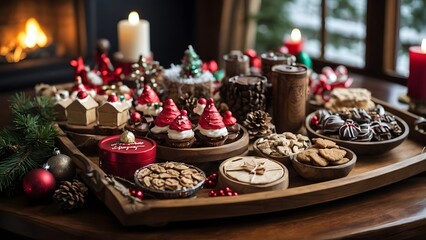 Naklejka premium Festive Holiday Dessert Platter With Cookies and Decorations Near a Cozy Fireplace