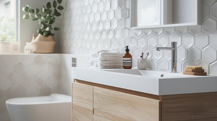 Fototapeta premium A stylish bathroom showcases hexagonal tiles on the walls, featuring a wooden vanity with neatly stacked towels, a sleek sink, and decorative plants that enhance the space's tranquility and elegance.