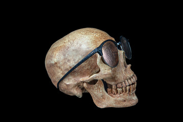 Human skull wears sunglasses on black background