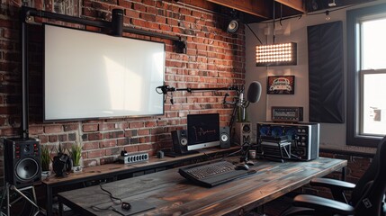 Modern Home Recording Studio with Brick Wall and Desktop Setup