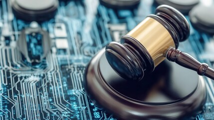 Conceptual image of a gavel striking down on a cybercrime, symbolizing legal enforcement in cybersecurity, cybersecurity regulations, law enforcement