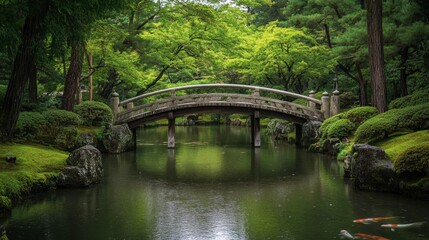 Fototapeta premium The serene Kenroku-en Garden in Kanazawa, one of Japan most beautiful landscapes, with a koi pond and stone bridges.