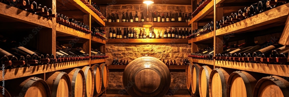 Poster a rustic wine cellar featuring wooden barrels and shelves stacked with bottles in an atmospheric, di