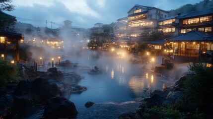 Naklejka premium The traditional onsen town of Beppu, with steam rising from the many natural hot springs scattered throughout the area.