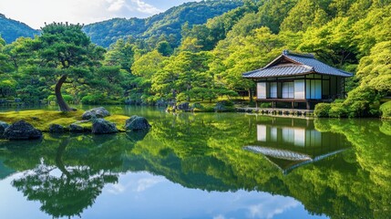 Obraz premium The tranquil reflections of the Ritsurin Garden in Takamatsu, with beautifully manicured trees and traditional teahouses.