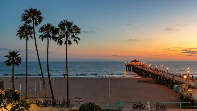 Fototapeta Manhattan Beach with Palm trees and pier at sunset in Los Angeles, California. Vintage processed. 