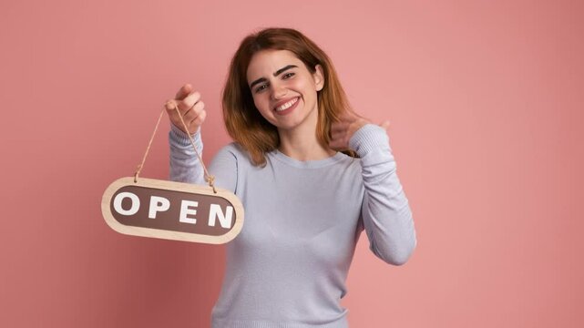 Woman opening a space by putting up a sign