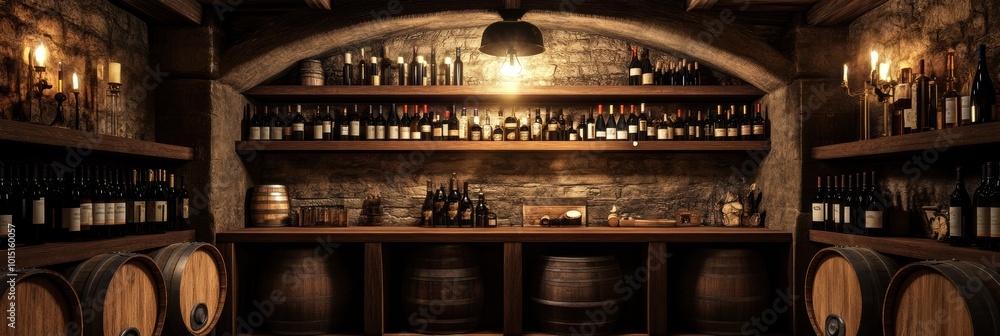 Poster A rustic wine cellar featuring wooden barrels and shelves brimming with an array of bottles in a warmly lit space. Generative AI