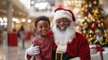photo of a smiling cute African-American young boy sitting on an African-American Santa's lap, in a mall setting