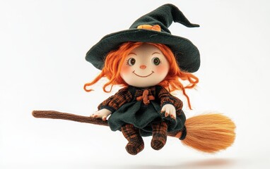 plush toy Halloween character cute witch on a broomstick on white background