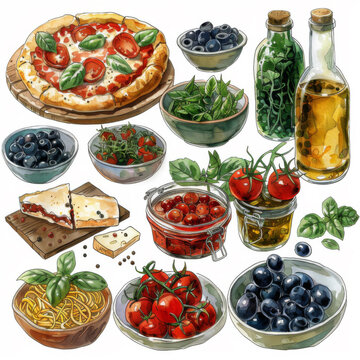 recommend clip art: Watercolor illustration of Italian dishes : pizza ,spaghetti ,olive,salat ,Lasagna,Gelato, wine clip art set isolated on white background