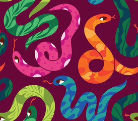 Fototapeta premium Tropical snakes isolated on very dark pink seamless pattern.
