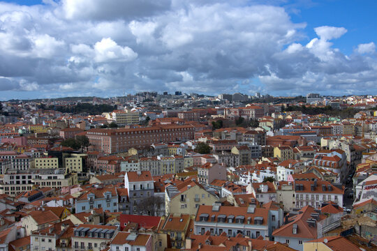 Lisbon, Portugal. Lisbon urban buildings panorama landscape, view of colorful buildings. blue sky with white clouds